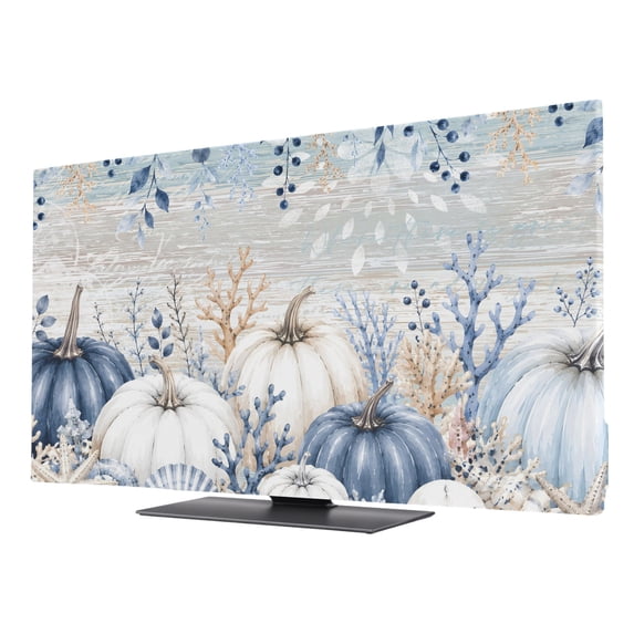 Indoor TV Cover 24 Inch, Coastal Thanksgiving Elastic Monitor Dust Covers for Television, Desktop Computer Fall Pumpkins Coral Floral Brown Wood Dustproof Fitted TV Cover for Inside 20.9"L x 11.8"H