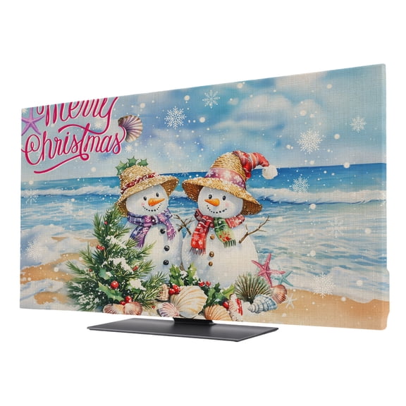 Indoor TV Cover for 24 Inch Flat Screen, Coastal Christmas Stretch Fabric Dust Proof TV Screen Protector, Beach Snowman Xmas Tree Shell Rustic Slipcover Monitor Cover for LED LCD TVs Desktop Computer