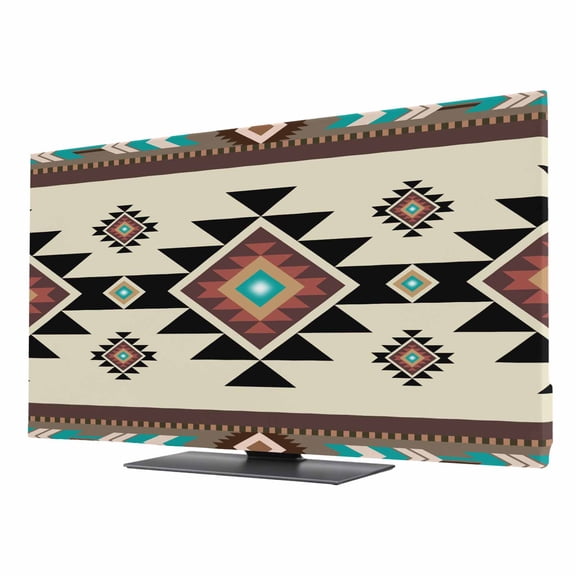 Indoor TV Cover for 24 Inch Flat Screen, Southwest Geometric Stretch Fabric Dust Proof TV Screen Protector, Brown Mexican Aztec Boho Tribal Slipcover Monitor Cover for LED LCD Smart TVs Computer
