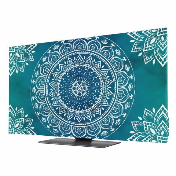 Indoor TV Cover for 24 Inch Flat Screen, Teal Blue Boho Stretch Fabric Dust Proof TV Screen Protector, Retro White Rustic Flower Ethnic Pattern Slipcover Monitor Cover for LED LCD Smart TVs Computer
