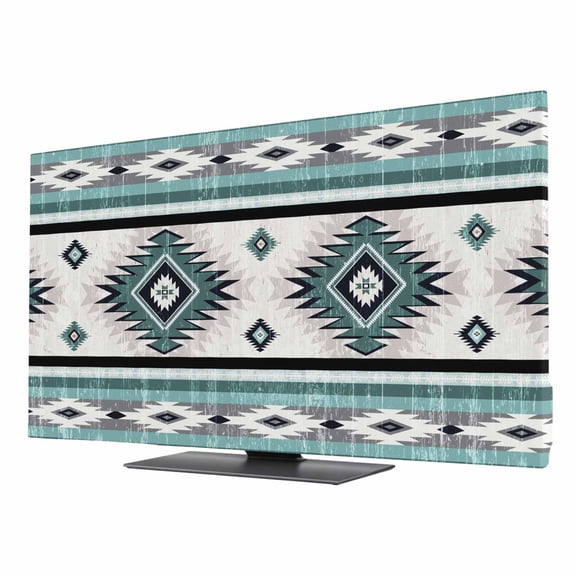 Indoor TV Cover for 24 Inch Flat Screen, Turquoise Boho Stretch Fabric Dust Proof TV Screen Protector, Southwestern Ethnic Aztec Retro Geometric Slipcover Monitor Cover for LED LCD Smart TVs Computer