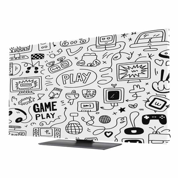 Indoor TV Cover for 24 Inch Flat Screen, Video Game Stretch Fabric Dust Proof TV Screen Protector, Black White Game Controller Monochrome Slipcover Monitor Cover for LED LCD Smart TVs Computer