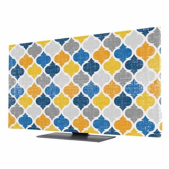Indoor TV Cover for 24 Inch Flat Screen, Yellow Blue Morocco Pattern Stretch Fabric Dust Proof TV Screen Protector, Modern Moroccan Geometric Slipcover Monitor Cover for LED LCD Smart TVs Computer