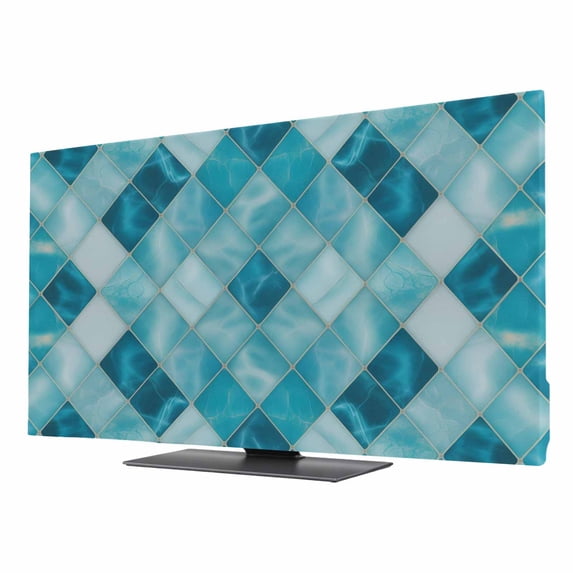 Indoor TV Cover 32 Inch, Blue Geometric Elastic Monitor Dust Covers for Television, Desktop Computer Modern Diamond Texture Ombre Lines Dustproof Fitted TV Cover for Inside 27.9"L x 15.7"H