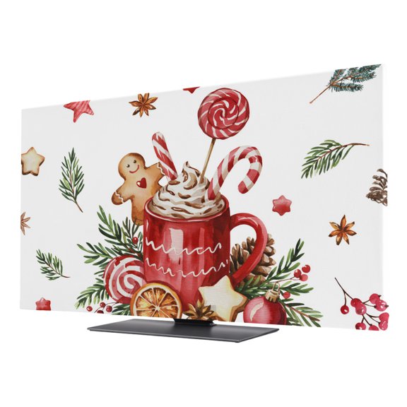 Indoor TV Cover for 32 Inch Flat Screen, Christmas Stretch Fabric Dust Proof TV Screen Protector, Winter Xmas Balls Pine Leaf Slipcover Monitor Cover for LED LCD Smart TVs Desktop Computer