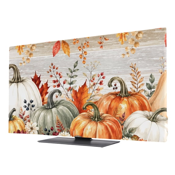 Indoor TV Cover 32 Inch, Orange Pumpkins Fall Elastic Monitor Dust Covers for Television, Desktop Computer Thanksgiving Flowers Leaves Farmhouse Dustproof Fitted TV Cover for Inside 27.9"L x 15.7"H