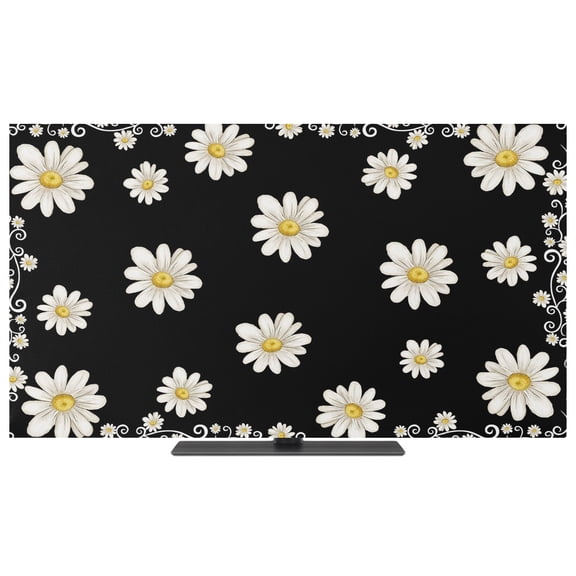 Indoor TV Cover 40 Inch Black Daisy Flower Elastic TV Enclosure Farmhouse Floral Border TVs Screen Protector Stretch Dustproof Monitor Slipcover for Flat Curved LED LCD Desktop Computer Display