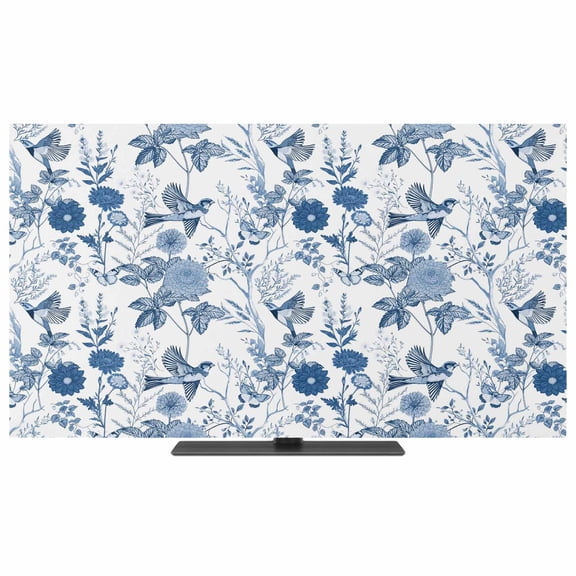Indoor TV Cover 40 Inch Blue Bird Floral Elastic TV Enclosure Butterfly Flower Tree Branches TVs Screen Protector Stretch Dustproof Monitor Slipcover for Flat Curved LED LCD Desktop Computer Display