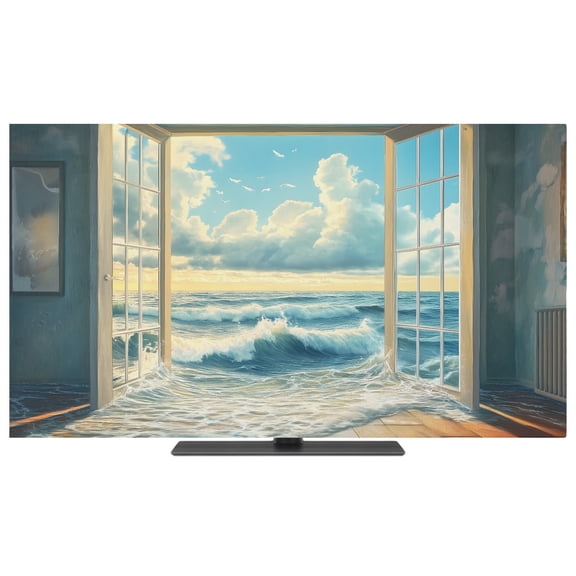 Indoor TV Cover 40 Inch Blue Sky Cloud Elastic TV Enclosure Beach Waves Window TVs Screen Protector Stretch Dustproof Monitor Slipcover for Flat Curved LED LCD Desktop Computer Display