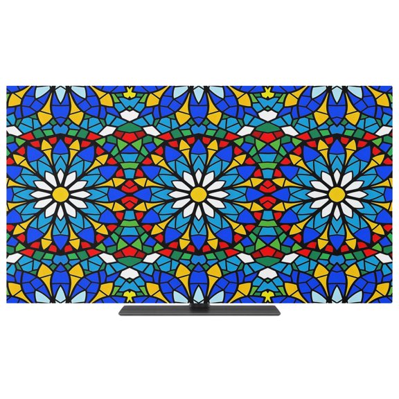 Indoor TV Cover 40 Inch Blue Stained Glass Flower Elastic TV Enclosure Shiny Tiling Bohemian TVs Screen Protector Stretch Dustproof Monitor Slipcover for Flat Curved LED LCD Desktop Computer Display