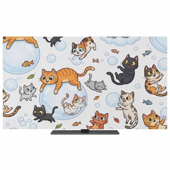 Indoor TV Cover 40 Inch Cute Cat Bubble Elastic TV Enclosure Playing Animal Catty Fish TVs Screen Protector Stretch Dustproof Monitor Slipcover for Flat Curved LED LCD Desktop Computer Display