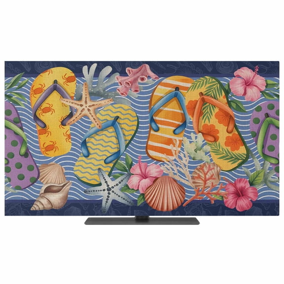 Indoor TV Cover 40 Inch Flip Flops Elastic TV Enclosure Slippers Summer Holidays Marine Life TVs Screen Protector Stretch Dustproof Monitor Slipcover for Flat Curved LED LCD Desktop Computer Display