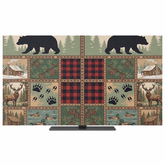 Indoor TV Cover 40 Inch Forest Bear Elastic TV Enclosure Wild Animals Pine Trees Woodland TVs Screen Protector Stretch Dustproof Monitor Slipcover for Flat Curved LED LCD Desktop Computer Display