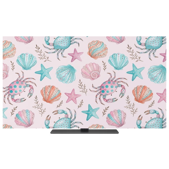 Indoor TV Cover 40 Inch Pink Teal Conch Shell Elastic TV Enclosure Polka Dots Crab TVs Screen Protector Stretch Dustproof Monitor Slipcover for Flat Curved LED LCD Desktop Computer Display