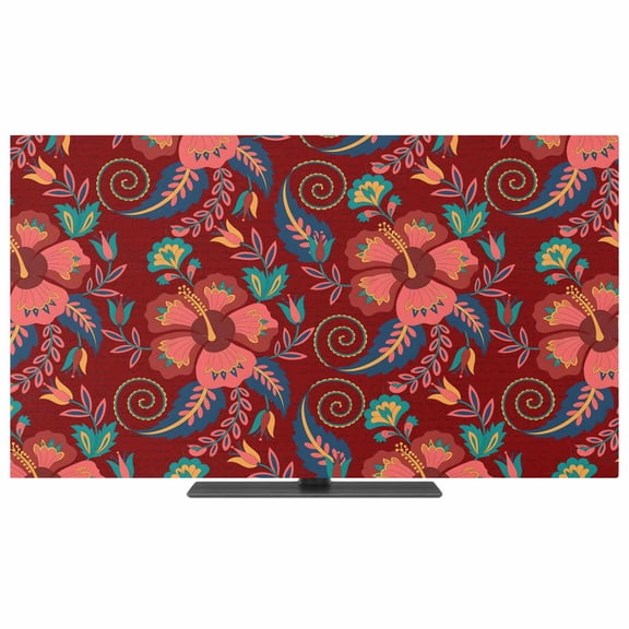 Indoor TV Cover 40 Inch Red Boho Floral Elastic TV Enclosure Vintage Abstract Flower TVs Screen Protector Stretch Dustproof Monitor Slipcover for Flat Curved LED LCD Desktop Computer Display