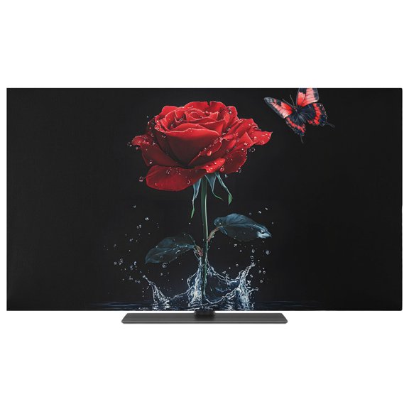 Indoor TV Cover 40 Inch Red Rose Elastic TV Enclosure Butterfly Splash Black TVs Screen Protector Stretch Dustproof Monitor Slipcover for Flat Curved LED LCD Desktop Computer Display