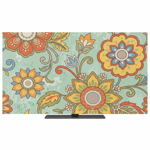 Indoor TV Cover 40 Inch Sage Green Yellow Flowers Elastic TV Enclosure Retro Abstract Floral TVs Screen Protector Stretch Dustproof Monitor Slipcover for Flat Curved LED LCD Desktop Computer Display