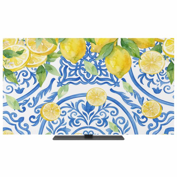 Indoor TV Cover 40 Inch Summer Lemon Elastic TV Enclosure Fruit Blue Flower Pattern TVs Screen Protector Stretch Dustproof Monitor Slipcover for Flat Curved LED LCD Desktop Computer Display