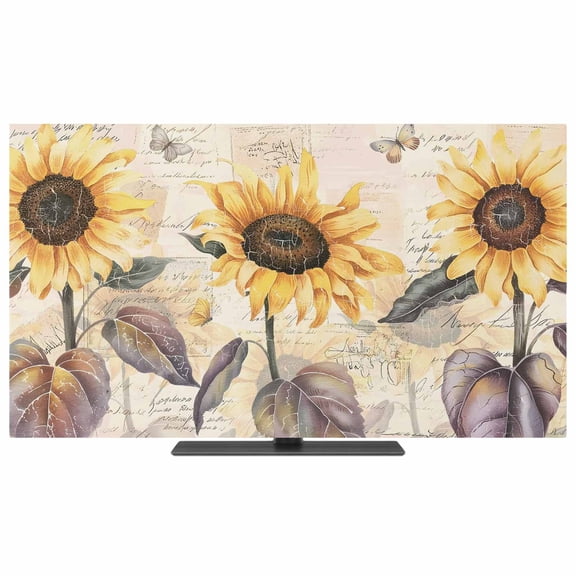 Indoor TV Cover 40 Inch Sunflower Flower Elastic TV Enclosure Butterfly Elegant Blossoms Flowers TVs Screen Protector Stretch Dustproof Monitor Slipcover for Flat Curved LED LCD Display