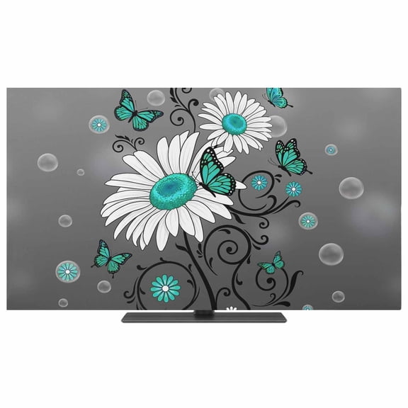 Indoor TV Cover 40 Inch Teal Turquoise Daisy Elastic TV Enclosure Grey Bubble Butterfly Floral TVs Screen Protector Stretch Dustproof Monitor Slipcover for Flat Curved LED LCD Display