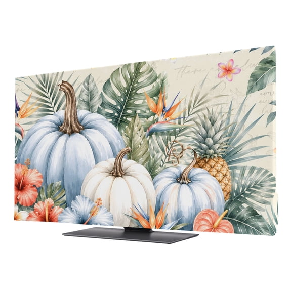 Indoor TV Cover 50 Inch, Tropical Plants Elastic Monitor Dust Covers for Television, Desktop Computer Summer Fall Vintage Pumpkins Palm Leaves Dustproof Fitted TV Cover for Inside 43.6"L x 24.5"H