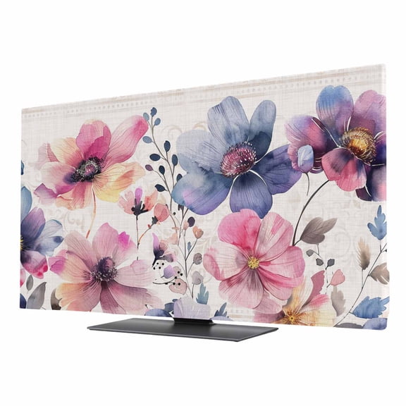 Indoor TV Cover for 55 Inch Flat Screen, Pink Blue Spring Floral Stretch Fabric Dust Proof TV Screen Protector, Vintage Summer Botanical Rustic Slipcover Monitor Cover for LED LCD Smart TVs Computer