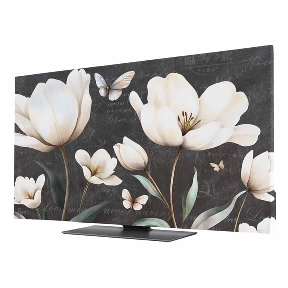 Indoor TV Cover for 85 Inch Flat Screen, Farmhouse Floral Stretch Fabric Dust Proof TV Screen Protector, Magnolia Flowers Vintage Blackboard Slipcover Monitor Cover for LED LCD Smart TVs Computer