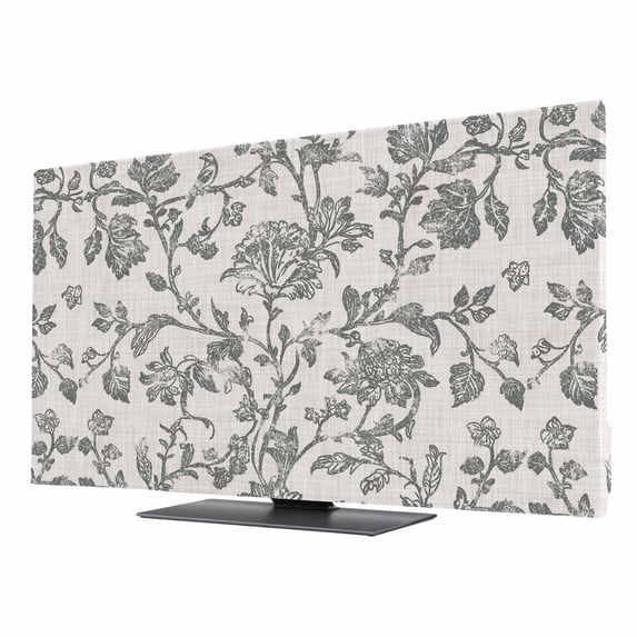 Indoor TV Cover 85 Inch, Spring Flowers Elastic Monitor Dust Covers for Television, Desktop Computer Farmhouse Grey-blue Pastoral Floral Leaf Dustproof Fitted TV Cover for Inside 74.1"L x 41.7"H