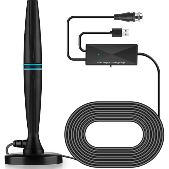 Indoor TV antenna, suitable for smart TV, supports 41080 and comes with signal booster, for local channels, long distance reception - cable length 18 feet (dark gray)