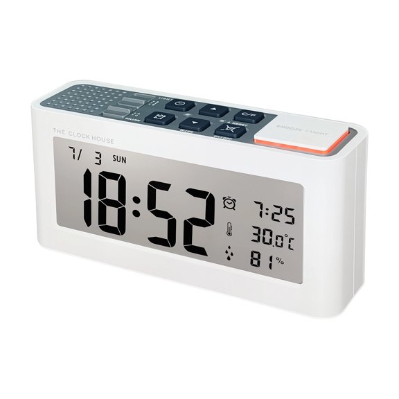 Indoor Tabletop Alarm Clock with Date Day Screen, Temperature Humidity Display, 12/24 Hour Format, Snooze Light Control for Bedside Desk