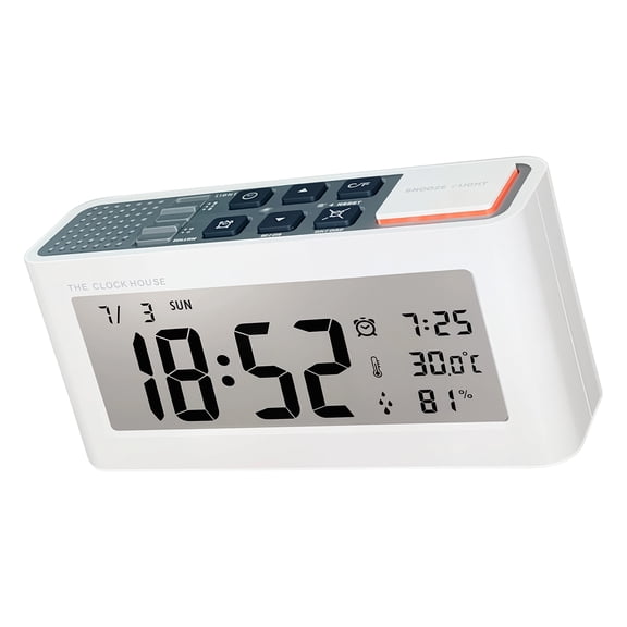 Indoor Tabletop Alarm Clock with Date Day Screen, Temperature Humidity Display, 12/24 Hour Format, Snooze Light Control for Bedside Desk