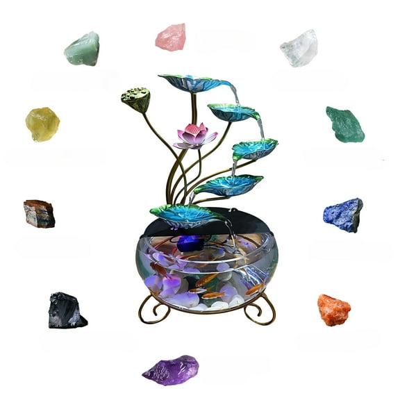Indoor Tabletop Fountain Fish Tank Decor | 5-Tier Lotus Waterfall + Fish Tank + Crystal Beads + LED Lights + Quiet Pump + Free 10 Crystals | Meditation, Relaxation Feng Shui Home Decor (D Style)