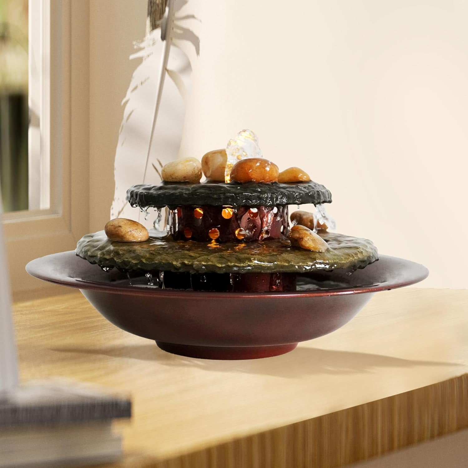 Indoor Tabletop Waterfall Fountain, 2Tier Slate Water Feature, Home