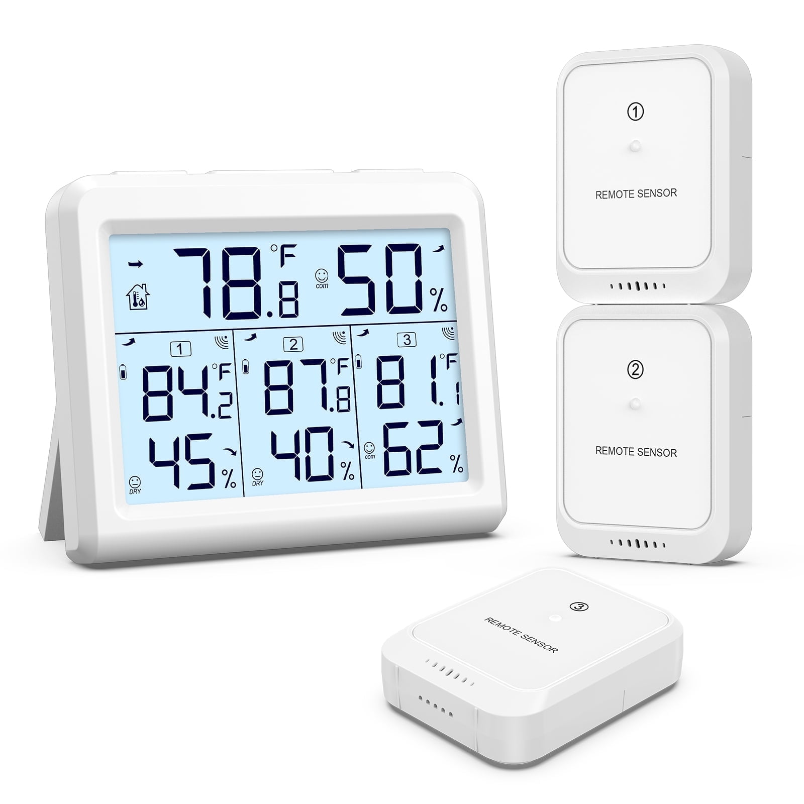 Indoor Thermometer, AMIR Indoor Outdoor Thermometer Digital Hygrometer Thermometer with 3 Sensor Humidity Gauge Indoor Thermometer for Home Bedroom Baby Room Greenhouse Warehouse White