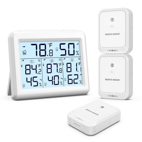Indoor Thermometer, AMIR Indoor Outdoor Thermometer Digital Hygrometer Thermometer with 3 Sensor Humidity Gauge Indoor Thermometer for Home Bedroom Baby Room Greenhouse Warehouse White
