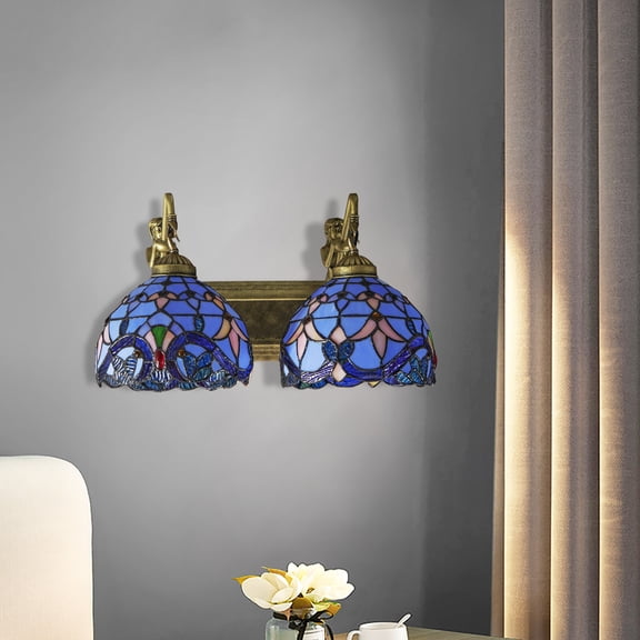 Indoor Tiffany Bathroom Vanity 2 Light Fixture Retro Stained Glass Wall Lighting 110-220V 40W 7.87*5.11in for Front Doors, Bedrooms, Living Rooms