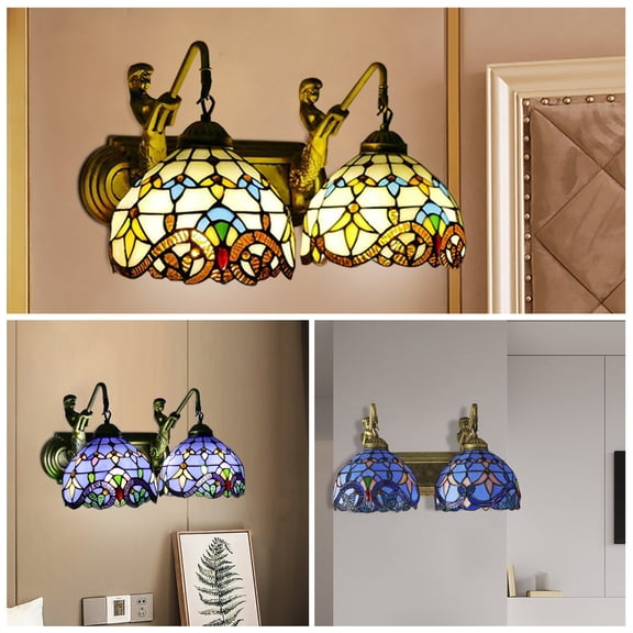 Indoor Tiffany Bathroom Vanity 2-Light Retro Stained Glass Wall Lighting Fixture for Front Doors,Bedrooms