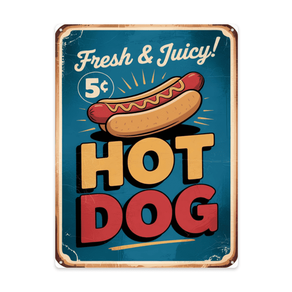 Indoor A Vintage Style 12x16 Inch Metal Wall Sign Showcasing Fresh & Juicy Sausage Office Or Studio Ready Retro Room Styling Detail Home With Warm Vintage Character Interior Wall Accent