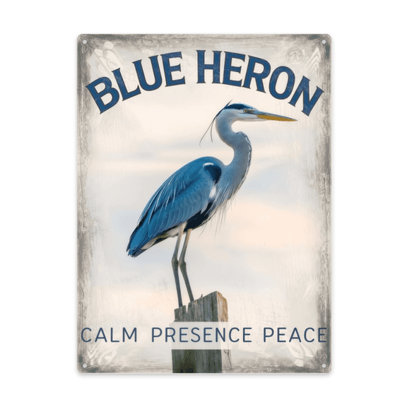 Indoor Wall Decor For Basement Lounge Or Media Room Featuring Blue Heron Calm Presence Peace 12x16 Inch Metal Wall Sign Modern Retro Home Detail Vintage Interior Wall Accent