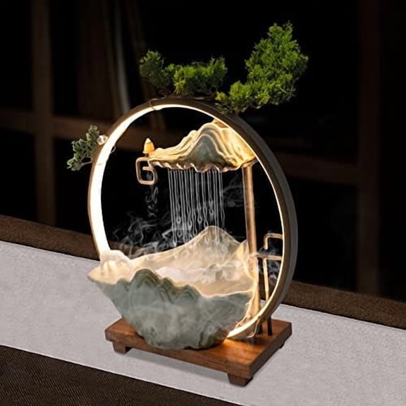 Indoor Water Fountain Desktop, LED Lighted Relaxation Tabletop Fountain Waterfall with Mist and Fake Plants, Rockery Feng Shui Decor for Meditation Good Luck Wealth$$Home Decor, Kitchen, & Other