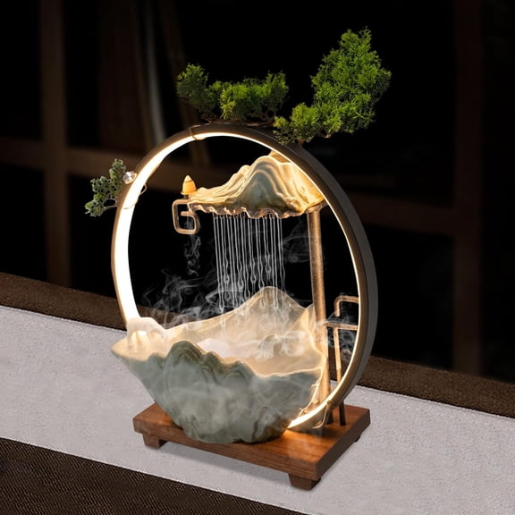Indoor Water Fountain Desktop, LED Lighted Relaxation Tabletop Fountain Waterfall with Mist and Fake , Rockery Feng Shui Decor for Meditation Good Luck Wealth