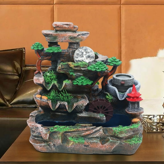 Indoor Water Fountain LED Light Tabletop Resin Rockery Fengshui Waterfall Decor for Office, Kitchen Counter
