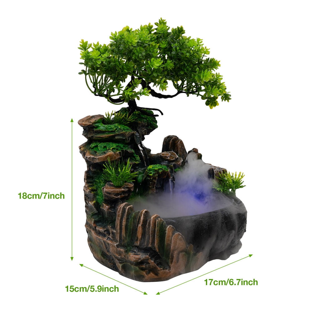 Indoor Water Fountain LED Light Tabletop Resin Rockery Fengshui