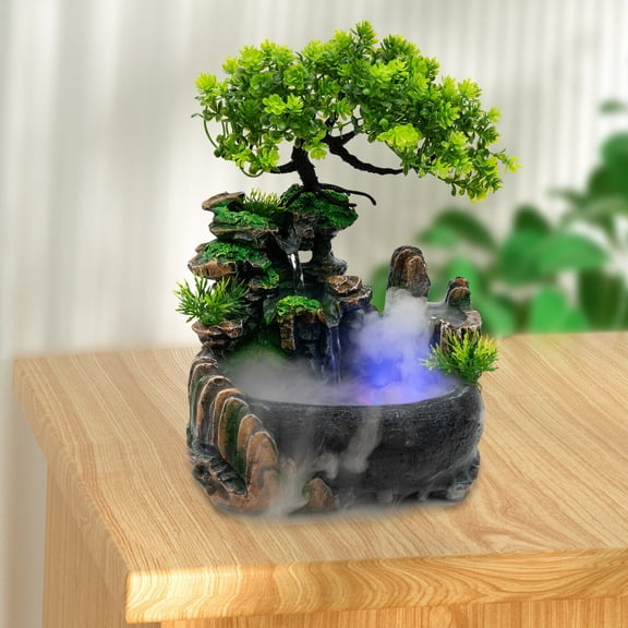 Indoor Water Fountain Ornament LED Light Tabletop Rockery Fengshui Mist Waterfall Decor, Resin