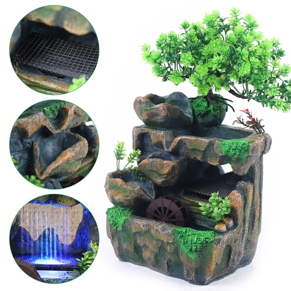 Indoor Water Fountains, Waterfountain Indoors Rockery Fountain Goldfish Waterfall Desktop LED Decor