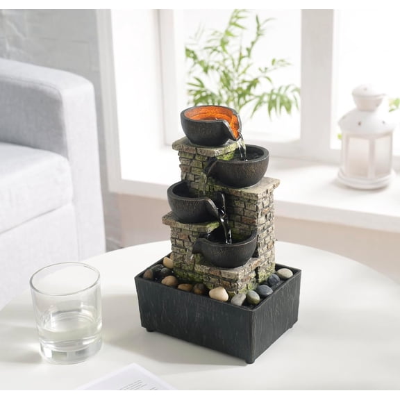 Indoor Waterfall Fountain 4-Tier Cascading Bowl  Decor Relaxation Water Zen Meditation Tabletop Fountain Artistic Desk Fountains with LED/Rocks /Office Decoration