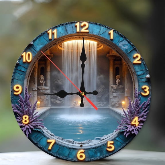 Indoor Waterfall Pool Clock Wall Decor 10-Inch Silent Wooden Wall Clock, Battery Operated (AA Batteries Not Included), Artistic Home Decor