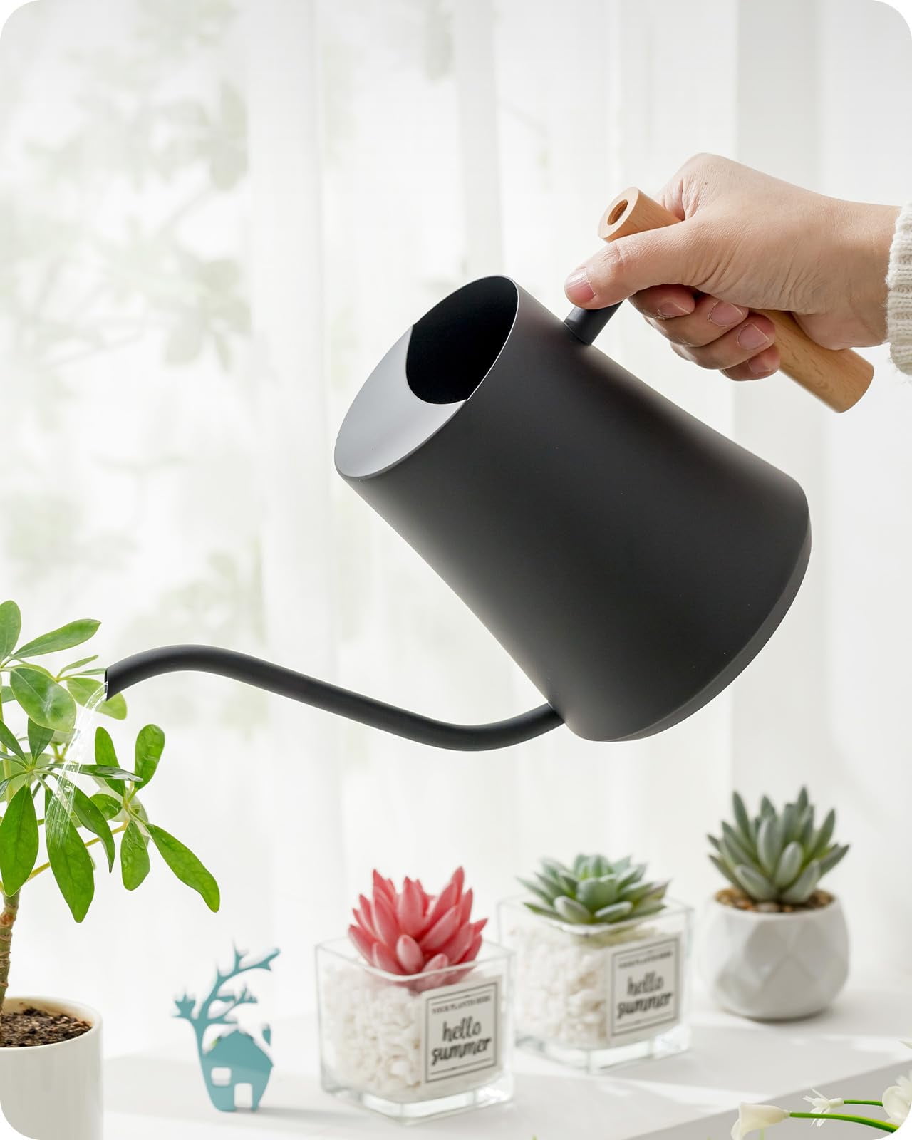 Indoor Watering Can, 1L/34OZ Metal Houseplant Watering Can with Wooden Handle, Curved Design Watering Can with Long Spout for Small Potted Plants (Black)