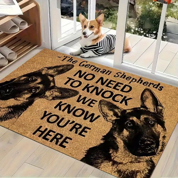 Indoor Welcome Mat “No Need to Knock, We Are Aware of Your Presence” German Shepherd Dog Flannel Rug, Non-Slip Easy Clean Home Decor for Bedroom Living Room