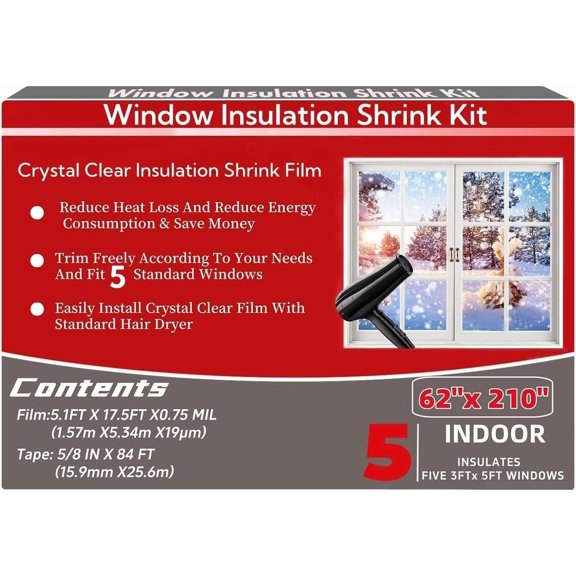 Indoor Window Insulation Kit, Clear Window Film Keeps Cold Drafts Out and Warm Air in (5W(62x210IN))